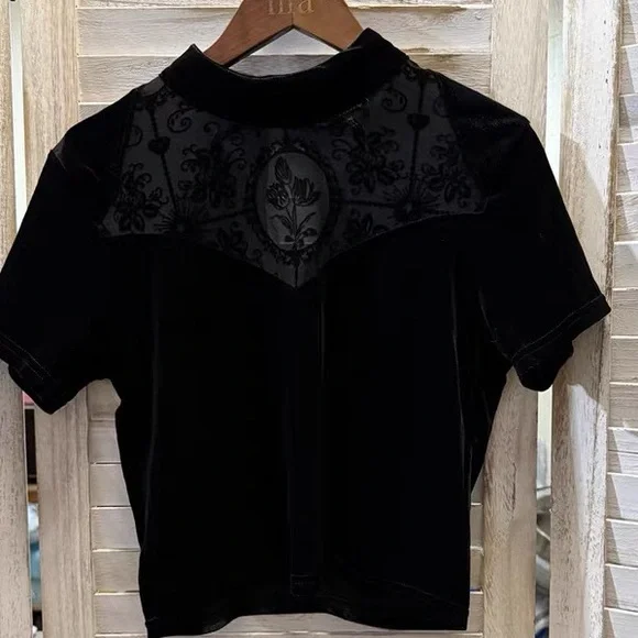 Disturbia Cameo Floral Flocked Mesh Velour High Neck Top 6 - Picture 3 of 6